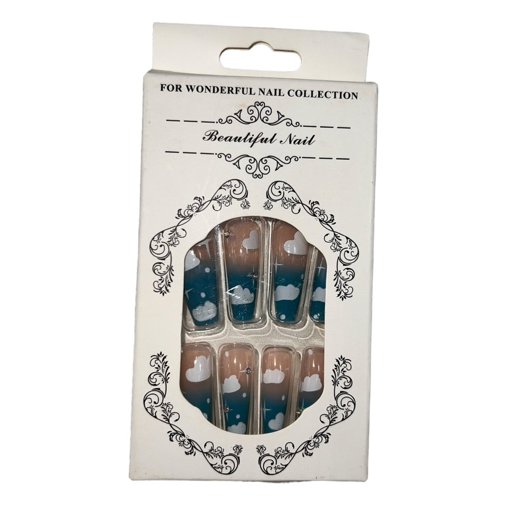 New Press On Nails Clouds Sky Hearts Coffin Shaped Long with Glue